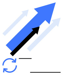 Large arrows pointing upward symbolize progress, growth, and success. Small rotation symbol suggests cycles or improvement. Ideal for growth, success, teamwork, innovation, goals improvement