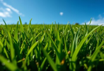 Obraz premium A Vibrant Meadow of Lush Green Grass Under a Clear Blue Sky, Displaying the Texture and Detail of Blades of Grass in Natural Sunlight