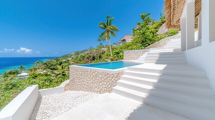 Fototapeta premium Luxurious Outdoor Terrace with Infinity Pool Overlooking Tropical Paradise
