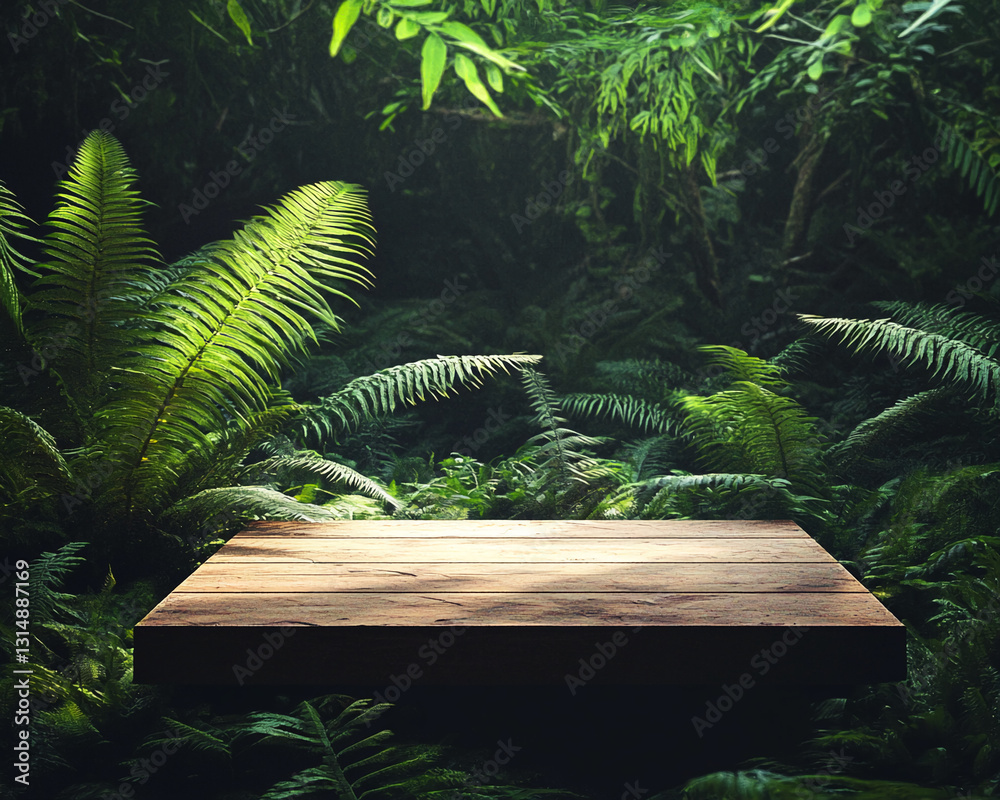 Aufkleber wooden platform nestled in lush green ferns, creating a tranquil jungle scene, showcasing product pl
