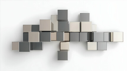 Abstract 3D Render of Metallic Silver and Gray Cubes in a Modern Minimalist Design on a White Background
