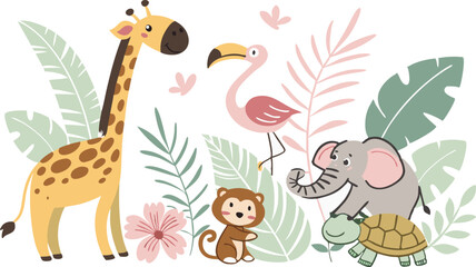 Obraz premium Beautiful stock illustrations set with cute flamingo lion toucan zebra elephant monkey. Isolated naive style drawing. Safari animal clip art. Childish hand drawn painting AI, EPS, PNG, JPEG File.