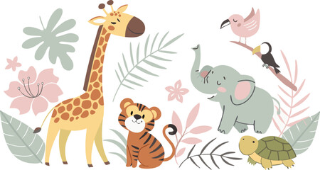 Beautiful stock illustrations set with cute flamingo lion toucan zebra elephant monkey. Isolated naive style drawing.  Safari animal clip art. Childish hand drawn painting AI, EPS, PNG, JPEG File.