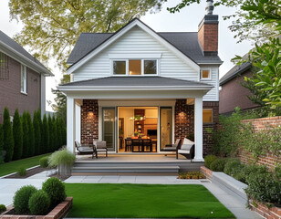  a practical middle-class house with a small backyard. The home features a white exterior with brick accents, a single garage, and simple landscaping with shrubs and a lawn.