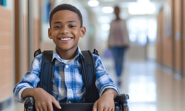 An African-American boy in a wheelchair in a school hallway