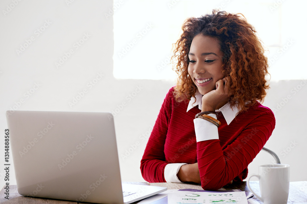 Poster laptop, reading and business black woman in office for website review, research and internet. profes