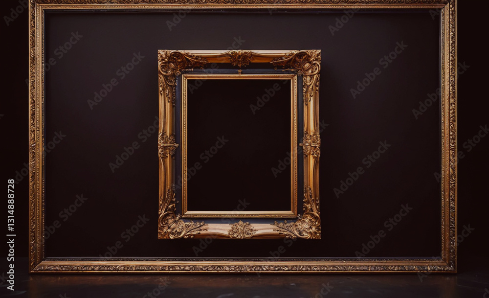 Poster black background with two gold framed pictures on it. the first picture is a black frame with a whit