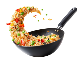 Wok Tossing or Stir Frying Fried Rice Isolated on Transparent Background PNG
