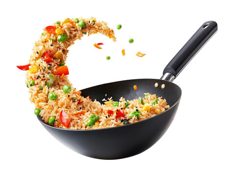 Wok Tossing or Stir Frying Fried Rice Isolated on Transparent Background PNG
