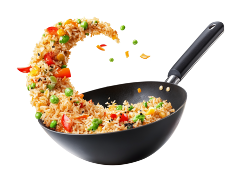 Wok Tossing or Stir Frying Fried Rice Isolated on Transparent Background PNG
