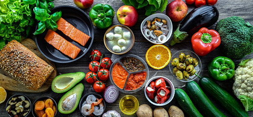 Food products representing the Mediterranean diet