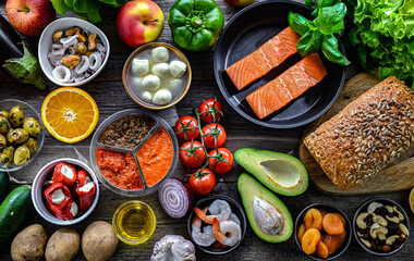 Food products representing the Mediterranean diet
