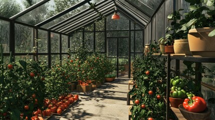 Greenhouse Serenity: A Sunlit Haven of Tomatoes and Peppers