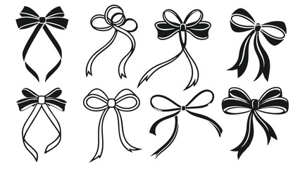 Set of Ribbon Bows Icons – Black and White Decorative Bow Illustrations for Gifts, Packaging, Holidays, Fashion Accessories, and Event Decoration

