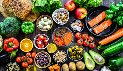 Food products representing the Mediterranean diet
