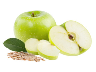 A green apple with a stem and a leaf on top of a white background