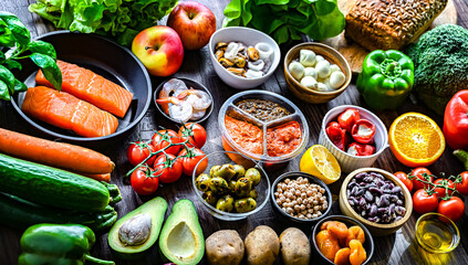Food products representing the Mediterranean diet