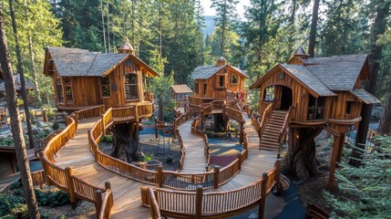 Obraz premium Wooden treehouses nestled in forest, winding walkways, scenic background, vacation destination