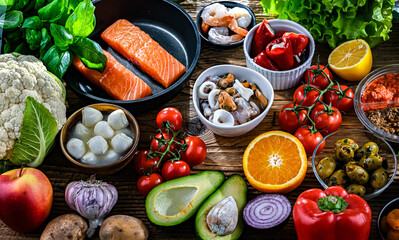 Food products representing the Mediterranean diet