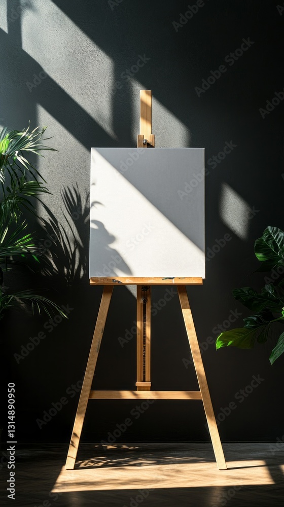 Poster Sunlight pours through a window, casting shadows on a pristine blank canvas poised on a wooden easel. Vibrant green plants create a tranquil atmosphere, inviting creativity in a peaceful studio