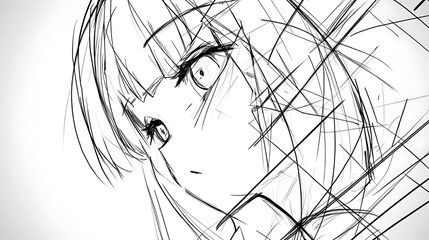 Anime-style sketch of a girl's face in profile with a sharp focused expression and dynamic linework.