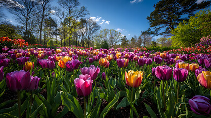 A wide field of tulips in various shades of purple, creating a stunning sea of color under the bright spring sun.