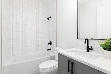 A bathroom with a grey cabinet, a plant on a white marble countertop, and black faucet, with a shower and bathtub with white vertical subway tiles.