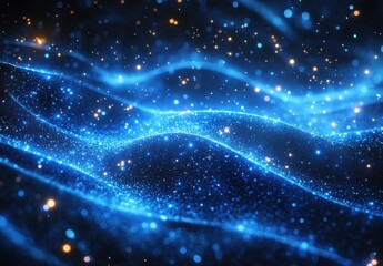 Vibrant Blue Waves of Light with Sparkling Stars Creating a Dreamlike Cosmic Background for Abstract Art and Design Projects