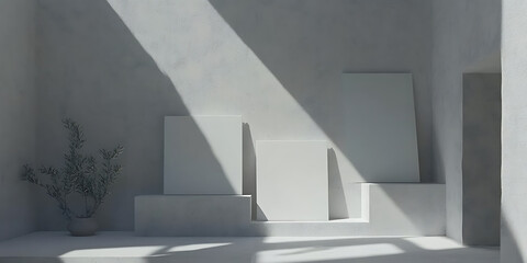 Fototapeta premium Minimalist interior with blank canvases a potted plant and stark light creating geometric shadows.
