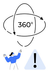 Abstract 360-degree orbit graphic with arrows, a VR-wearing person pointing upward, and a caution symbol. Ideal for technology, navigation, warning, virtual reality, analytics, perspective