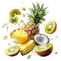 Fresh Pineapple Kiwi and Coconut Flying with Juicy Fruit Isolated on Transparent Background