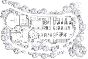 Obraz premium Architectural sketch of a building layout including parking area surrounded by trees and access roads.
