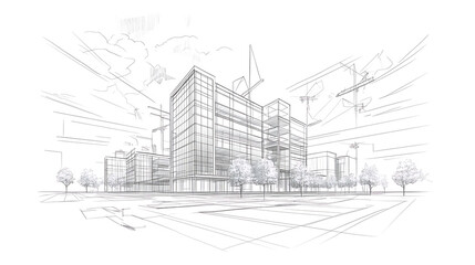 Architectural sketch showing city buildings trees and cranes rendered in grayscale with line work and a slightly angled perspective.