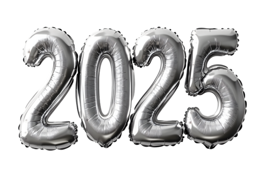 Silver Foil Balloon 2025 on Transparent Background