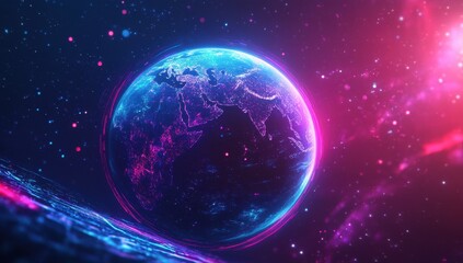 Obraz premium Vibrant Digital Earth Globe with Colorful Space Background and Bright Cosmic Elements Illustrating Technology and Innovation Theme