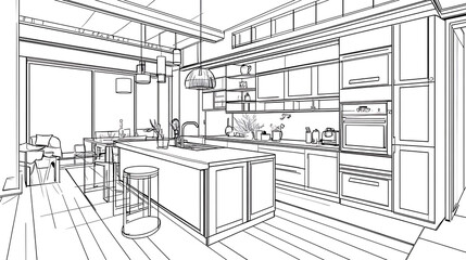 A black and white line drawing depicts a kitchen interior with an island cabinets and open living area.