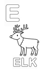 Alphabet Coloring Page for Kids. Children's Coloring Activity sheet. Cute Elk Illustration to Color.	