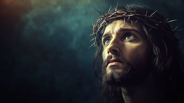 Portrait of Jesus Christ in the crown of thorns. Passion of Christ, Good Friday, Christian Easter background with space for text
