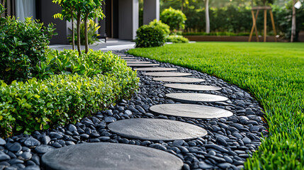 Fototapeta premium Stone path winds through a manicured garden black pebbles accenting the lush green grass and sculpted foliage.