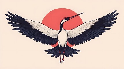 Fototapeta premium Stylized Japanese Crane Tattoo with Outstretched Wings Symbolizing Longevity and Good Fortune