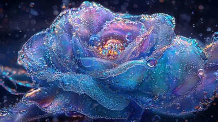A mystical blue rose covered in glistening dew, bathed in gentle dawn light.