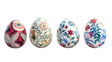 Four decorated easter eggs with floral motifs on transparent background