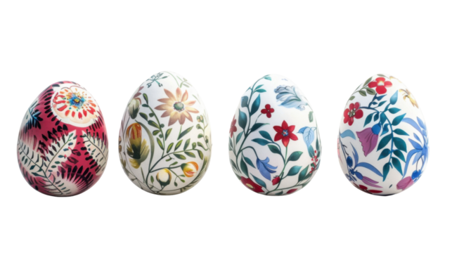 Four decorated easter eggs with floral motifs on transparent background