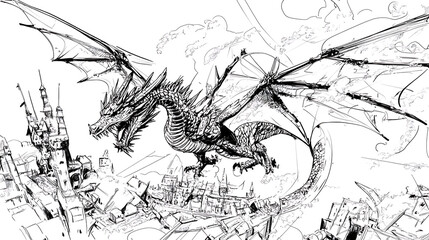 Obraz premium Ink drawing of a menacing dragon soaring above a medieval-style town with detailed buildings and clouds.