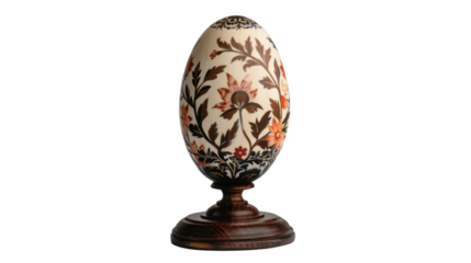Decorated egg displayed on wooden stand with transparent background
