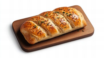Golden-brown pastry, sliced and sprinkled with herbs, rests on a rustic wooden board. A delicious treat, perfect for any occasion.