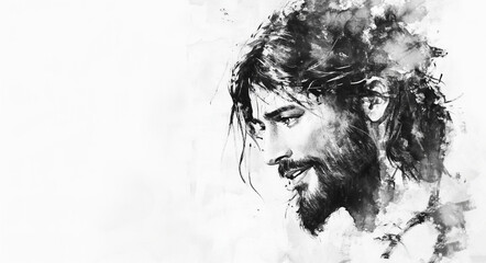 Hand drawn silhouette of Ascension of Jesus Christ. Christian background with space for text