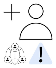 Large user profile icon with plus sign for adding users, global network of people, and warning sign. Ideal for user access, team management, notifications, onboarding, alerts, connectivity flat