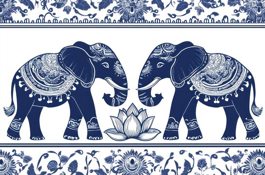 A traditional Thai pattern with elephants and lotus flowers, arranged in an intricate design on a navy blue background