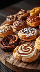 Assorted pastries with swirls toppings on wooden board